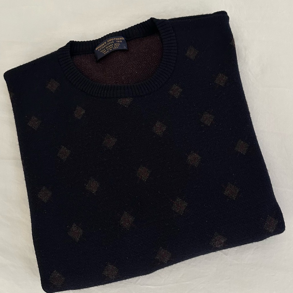 Brooks Brothers Men Sweater L Merino Wool Long Sleeve Pullover Blue Navy Diamond